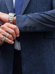 Manfinity Mode Men's Suit Jacket With Notch Lapel And Single Breasted Button & Pants Set - Navy Blue - View 3