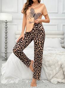 Women' Pajama Set, Round Neck Short Sleeve Butterfly Polka Dot & Letter Printed Top And Comfortable Leopard Straight-Legged Pants - Khaki - View 5