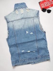 Manfinity EZcore Áo vest nam không tay sờn thiết kế có họa tiết phong cách đường phố giản dị Áo vest denim - Rửa trung bình - Xem 2