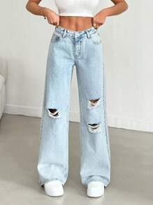 RueChic WIDE LEG DESTOYED LOW WAIST BLUE JEAN - Medium Wash - View 4