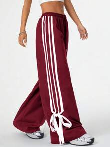 Coolane Women's Velvet Back To School Palazzo Drawstring Side Stripes Fashionable Edge Collision And Bow Ties Pants