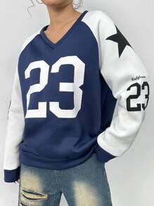 StreetHx V-Neck Color Block Contrast Print Casual Sweatshirt With Raglan Sleeve Design Pullover Fall Outfit