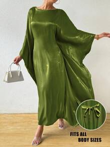 Calvaya Vestido de mujer con cuello redondo, mangas de murciélago, unicolor, estilo holgado y casual, conjunto con vestido largo para ocasiones festivas