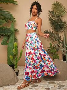 Travachic 女士假日針織空心網眼花朵印花背心和裙子套裝 - 彩色 - 查看 5