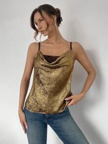 SHEIN Essnce Top de tirantes de cuello con escote drapeado de textura metálica y parche de encaje para mujeres, primavera/verano