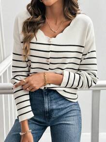SHEIN Frenchy Women's Black And White Striped Long Sleeve Cardigan Sweater,Shell-Trimmed V-Neck Minimalist Ellegant Autumn Office Winter Clothes Casual Sweaters - Multicolor - View 5