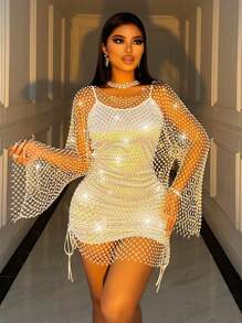 VaVaBold SHEIN SXY Rhinestone Party Mesh Diamond Shining Brilliant Date Romantic Banquet Side Flounce Sleeve Dress