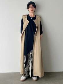 FRIFUL Ladies' Solid Color Lapel Sleeveless Tie-Front Regular Jacket, Casual And Daily Wear Vest Women Coats - Khaki - View 2