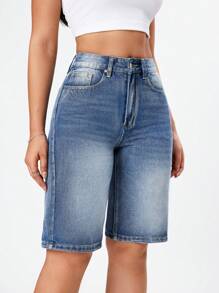 SHEIN EZwear 夏季高腰百慕達丹寧短褲 - 藍色 - 查看 4