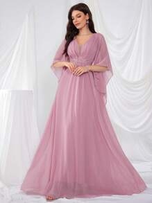 UNITHORSE 褶皱紧身胸衣刺绣和珠饰点缀 A 字形礼服，深 V 领前后伴娘礼服 - 粉色 - 查看 1