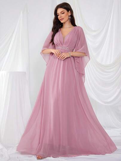 UNITHORSE 褶皱紧身胸衣刺绣和珠饰点缀 A 字形礼服，深 V 领前后伴娘礼服