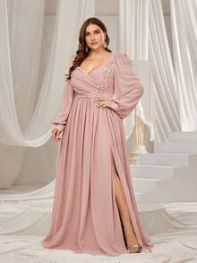 Faeriesty Váy dạ hội trang trọng cỡ lớn dành cho nữ Curve với đường viền cổ hình trái tim thanh lịch, tay áo đèn lồng lãng mạn và chân váy chữ A bồng bềnh dành cho đám cưới, tiệc tối, lễ trao giải và sự kiện giao hưởng - Bụi hồng - Xem 4