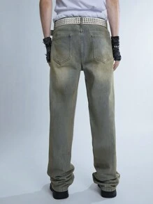 Manfinity Roghcode Y2K Vintage Men's Denim Wide-Leg Jeans, Nostalgic 90s Stained And Dirty Effect - Dusty Blue - View 2