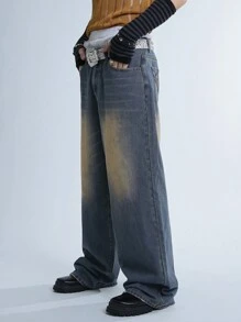 Manfinity Denimwave Y2K 复古男士宽松牛仔裤，90 年代复古风格宽腿破洞牛仔裤，适合送给丈夫、男朋友的礼物 - 深色水洗藍 - 查看 6