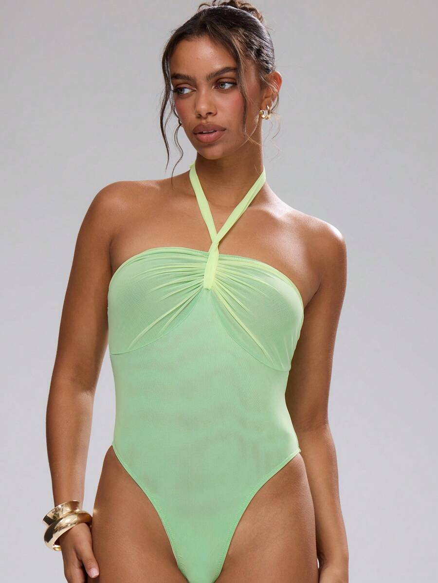 MUSERA Kontrast Mesh Urlaubs-Halter Bodysuit, sexy Club Frühling Sommer Urlaub