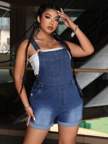 CovetEZ Plus Size Women Solid Color Simple Daily Denim Jumpsuit - Medium Wash - View 6