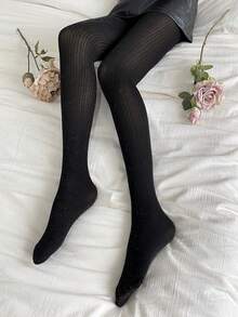 DAZY 純色簡約風連褲襪，適合日常穿著 - 黑色 - 查看 2
