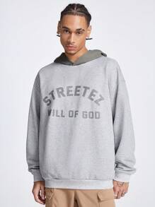 Manfinity VCAY 男士宽松长袖时尚外出连帽衫，印有英文字母，适合秋冬送给朋友 - 淺灰色 - 查看 3