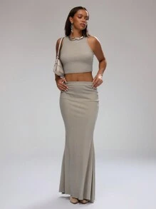 MUSERA 前开衩弹力长裙，优雅性感，适合夏季派对度假穿着 - 杏色 - 查看 3