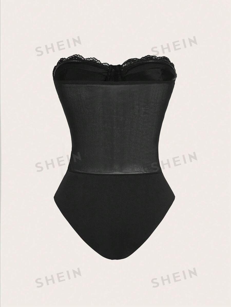 SHEIN Frenchy Combinaison moulante avec bandeau et corset, insert en dentelle, body transparente 