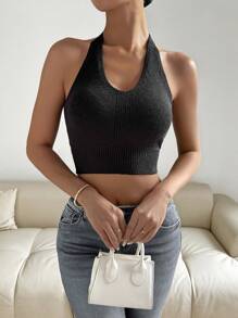 SHEIN LUNE 夏季女士編織上衣，帶細肩帶和極簡颈圈 - 黑色 - 查看 4