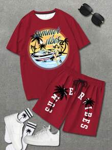 Manfinity RSRT 男士夏季棕櫚樹字母印花圓領短袖休閒T恤和束腰短褲套裝 - 彩色 - 查看 3