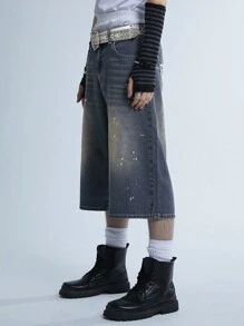 Manfinity Roghcode Y2K Vintage 男士刺绣后口袋宽松牛仔短裤，深蓝色 JORTS 深蓝色 Jorts 超大牛仔短裤，适合丈夫、男朋友的礼物 - 深色水洗藍 - 查看 5