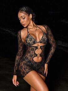 SHEIN Swim Damski 3-częściowy letni kwiat plażowy koronkowy zestaw bikini typu halter z bikini zakrywającym sukienkę
