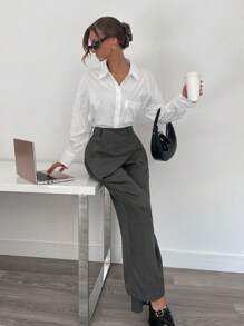 Siren Gaze Pantalon à jambe droite ample avec placket diagonal polyvalent haut de gamme gris décontracté de bureau et de voyage pour hommes, pantalon large