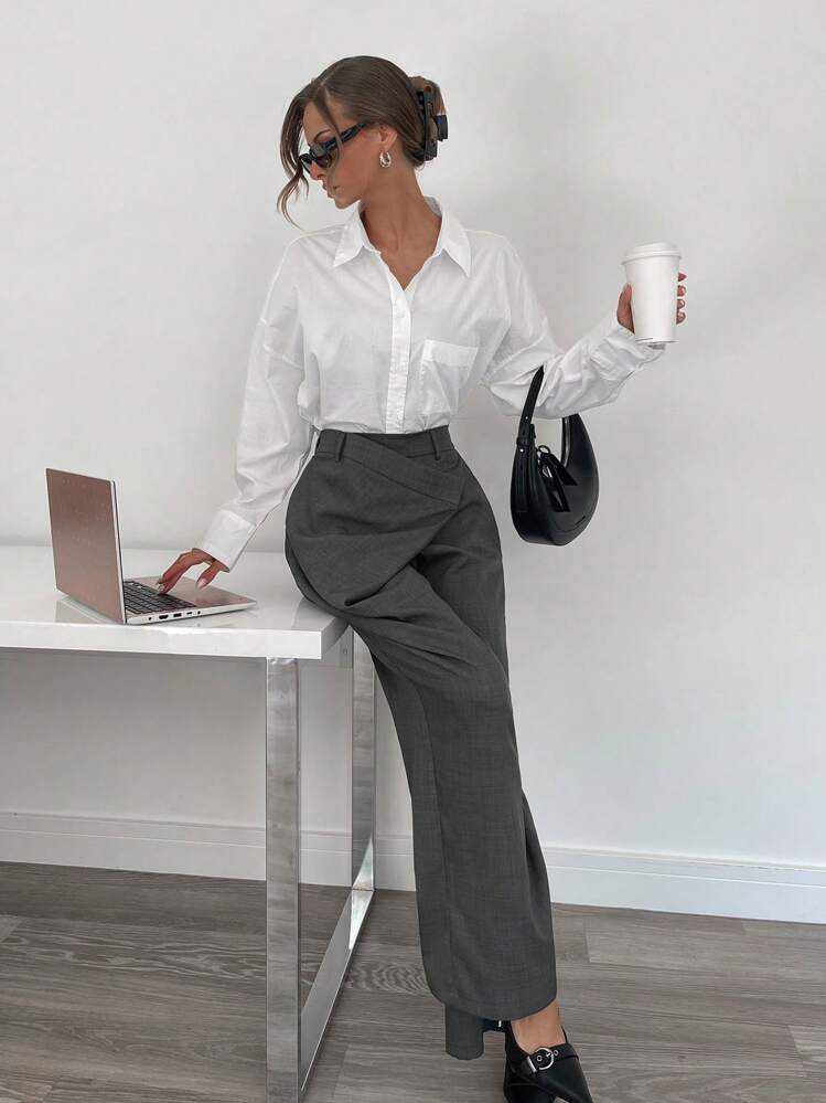 Siren Gaze Grey High-End Casual Office Commuter Versatile Diagonal Placket Design Loose Straight Leg Trousers, Wide Leg Suit Pants In Fall/Winter - Grey - View 3