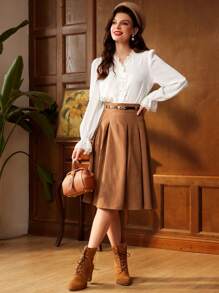 Vintamour 复古优雅女式衬衫，蕾丝拼接，V 领，长喇叭袖，荷叶边下摆和精致的珍珠纽扣，非常适合工作返校服装秋装女式衬衫秋季上衣秋季服装教师服装冬季女士复古服装白色长袖衬衫纽扣衬衫长袖上衣长袖衬衫 - 白色 - 查看 6