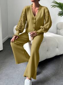 EURMUSE 女式爆米花編織鈕扣前開襟針織開衫和寬腿長褲套裝 - 卡其色 - 查看 5