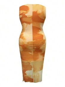 SHEIN Unity 大尺碼無袖褶皺修身長裙，夏季休閒假期 - 黃色 - 查看 2