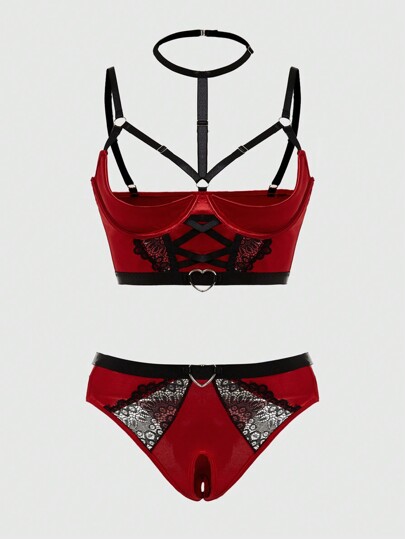 Goth Conjunto de lencería de talla grande con estilo gótico, encaje cruzado y contraste de malla en bloque de color y top halter