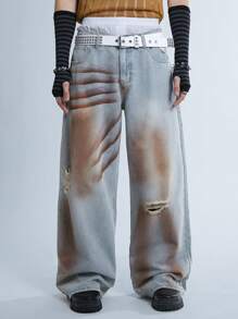 Manfinity Denimwave Jeans anchos de lavado claro y desgastado estilo callejero vintage Y2K con efecto raído y deteriorado, jeans azul claro desgastados, para regalo de esposo o novio