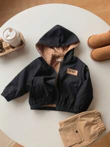 SHEIN Baby Boy Black Contrast Color Thicken Thermal Lined Letter Pattern Hooded Jacket, Winter