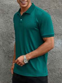 JOLTRO Men's Solid Color Fine Ribbed Polo Shirt, Old Money Style - Dark Green - View 5