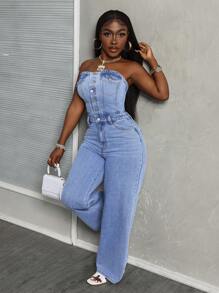 Slaydiva Women Strapless Denim Jumpsuit With Front Button Placket, Pockets, And Sleeveless Design - Light Wash - View 6