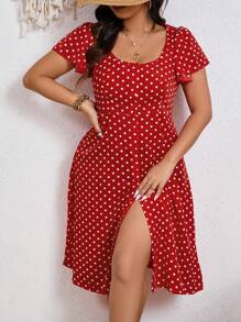 SHEIN Frenchy Vestido rojo vintage con botones al frente, abertura en el muslo y estampado de lunares para tallas grandes, ideal para verano - Rojo y blanco - Ver 6