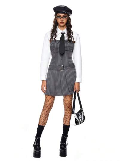 Goth Débardeur rayé imprimé de style académique pour femmes avec chemise à manches longues et cravate, tenue pour l'école