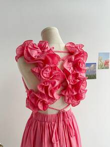 Soleia WYWH Holiday Ladies Summer Romantic Pastoral Pink Exaggerated Ruched Collar V-Neck Chest Cup Pleated Exposed Back Cross Straps Cross Waist Elastic Waist A-Line Short Dress Romantic Wedding Season - Pink - View 5