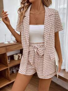 SHEIN LUNE Gingham Print Lapel Neck Blazer & Paperbag Waist Shorts - Dusty Pink - View 3