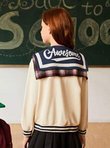 SHEIN Explorewe Tween Girls Casual College Navy Collar Plaid Scarf Letter Printed Baseball Jacket - Multicolor - View 2