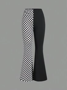 SHEIN EZwear Pantalones anchos de deporte para mujer con estilo callejero fresco, estampado de ajedrez y parches de color