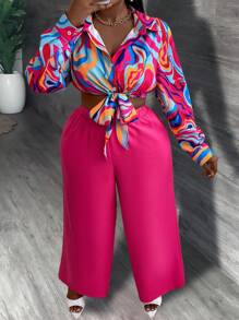 Maweii Chemise avec impression intégrale et pantalon à jambe large pour vacances d'été - Rose vif - Voir 4