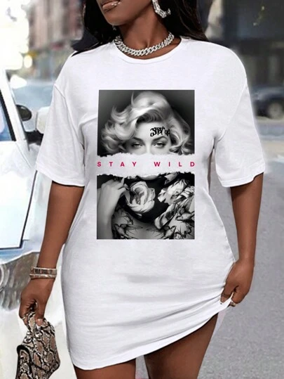 Slaydiva Casual Minimalist "Stay Wild" Loose Fit Round Neck Short Sleeve T-Shirt Dress With Girl Portrait Graphic, Suitable For Summer, Cotton Blend