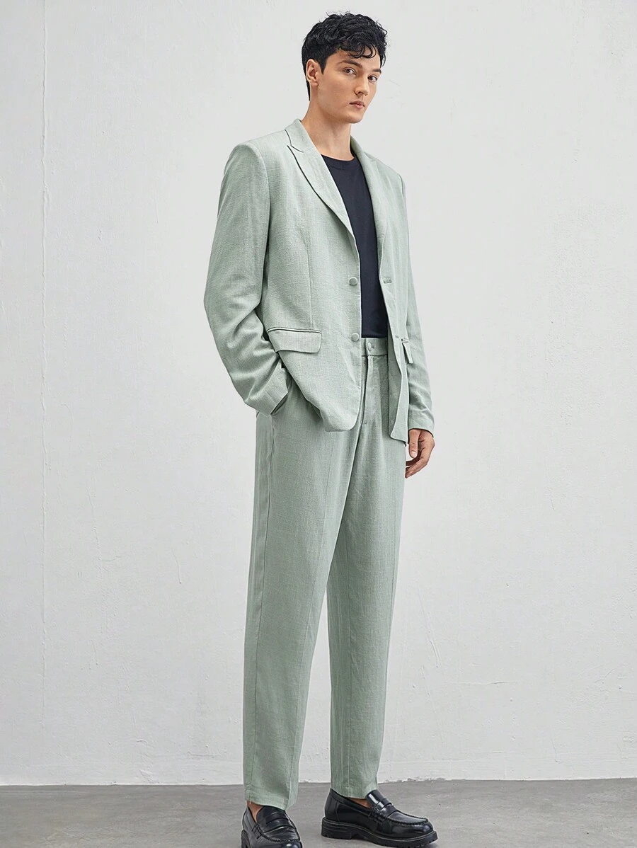 AKNOTIC Formal 2pcs Men's Casual Notched Collar Woven Blazer And Straight Leg Suit Pants, Spring/Fall - Mint Green - View 1