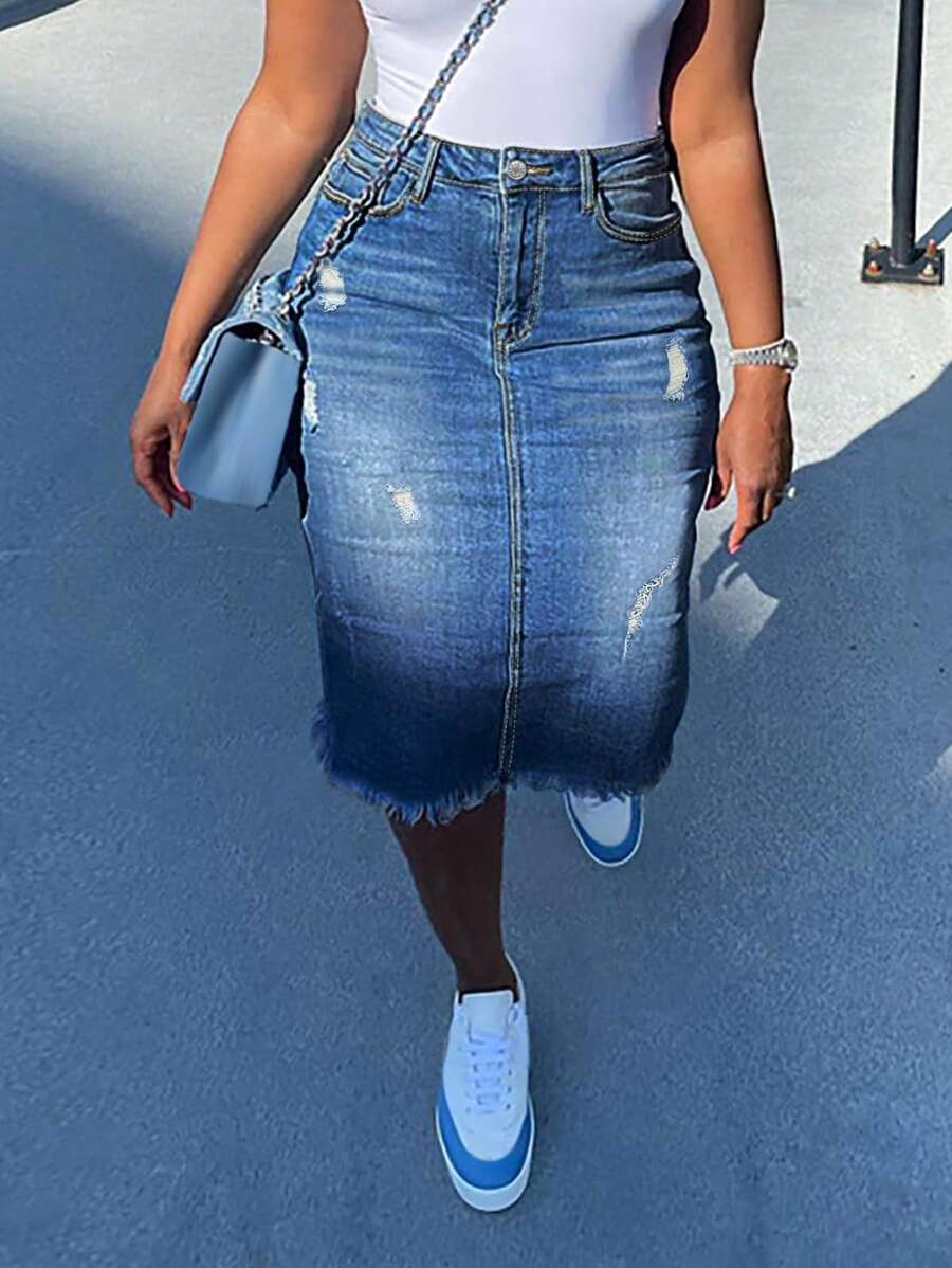 女士破洞磨边口袋性感牛仔半身裙 - 中等水洗藍 - 查看 1