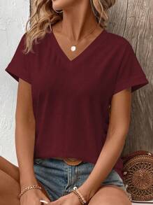 SHEIN LUNE 女款素色簡約百搭V領短袖T恤，日常必備 - 酒紅色 - 查看 5
