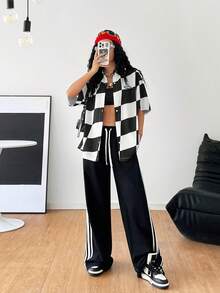 SHEIN Coolane Women's Street Style Cool Grid Patterned Shirt For Spring And Summer Mix-And-Match - Black and White - View 5